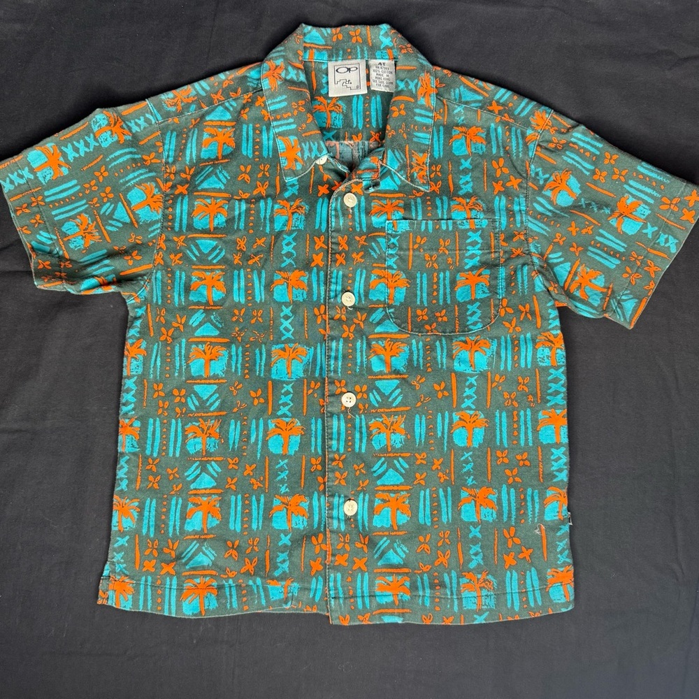 Op Ocean Pacific Vtg Boys 4T Button Down Hawaiian Shirt Palm Trees Surf 90s Y2K